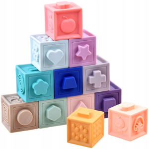 Set 12 Blocuri de construit, senzoriale, din cauciuc moale, ajuta la dentitie, Jokomisiada, ZA3928