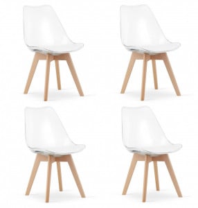 Set 4 scaune moderne, stil scandinav cu picioare din lemn masiv si perna din piele ecilogica, transparente