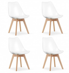 Set 4 Scaune Scandinave Moderne, Transparent, cu Picioare din Lemn de Fag și Pernă din Piele Ecologică