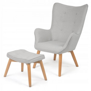 Set Fotoliu cu taburet in stil scandinav, perna moale, stofa, picioare din lemn de fag, Sofotel, Gri - Img 2