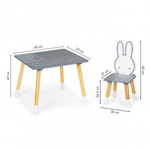 Set Masa Cu Doua Scaune Pentru Copii, de la 3 ani, Ecotoys, WH141, Motiv Iepurasi, Gri - Img 2