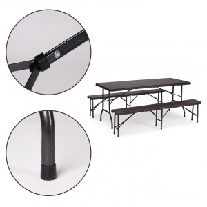 Set Masa de Gradina + 2 Banci, pentru 8 persoane, 179 cm x 74 cm, 180 cm x 25 cm, pliabile, textura rathan, Modern Home, Brown - Img 4