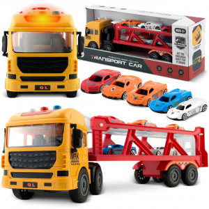 Set masinuta de jucarie, XXL, camion de remorcare, 5 masinii, Ricokids, RK-760, sunete realiste, lumini LED, rampa de coborare, tractiune fata, alimentare pe baterii