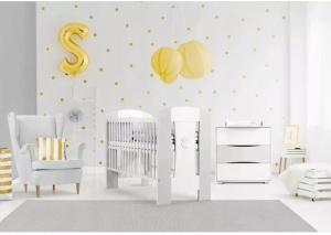 Set Patut copii din lemn KLUPS NATI Alb Gri Trifoi, 120 x 60 cm, cu Saltea MyKids, Cocos, 120 x 60 x 10 cm - Img 3