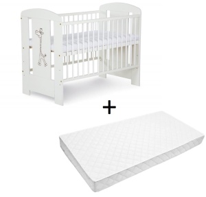 Set Patut copii din lemn KLUPS SAFARI Giraffe Alb, cu Saltea Cocos Mykids, 120x60x10 cm,