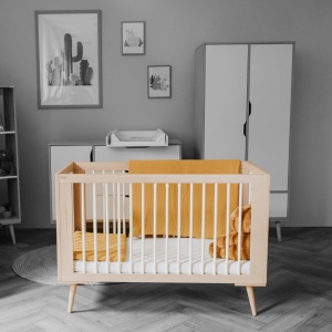 Set Patut copii din lemn KLUPS SOFIE Alb-Natur, cu Saltea MyKids, Cocos, 120 x 60 x 10 cm - Img 3