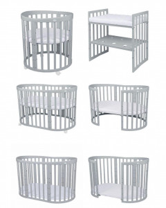 Set Patut Oval Evolutiv pentru Copii, Multifunctional, 7in1, cu Saltele, Baldachin, Lenjerie si Aparatori Laterale, Transformabil, Masa de Schimbat, Co-Sleeping, Tarc de Joaca, Birou, Scaune, Waldin, Gri, Echipament 8S1 - Img 4