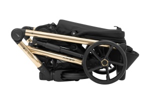 Carucior pentru copii, 2 in 1, Kunert, Arizo Premium, cadru auriu, Parasolar UV50, ventilatie, suport pahar, husa pentru picioare, rucsac din piele ecologica, spatar reglabil, sezut pivotant, husa ploaie, husa tantari, varsta intre 0 si 3 ani, Negru - Img 5