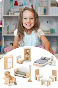Casuta din lemn pentru papusi, Ricokids, cu 3 etaje, 11 piese - Img 7
