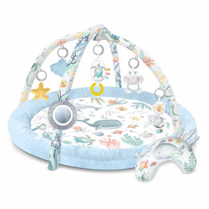 Covoras educativ pentru copii, multifunctional, pereti babynest, 7 jucarii interactive, oglinda, Nukido, 97 x 78 cm, Ocean Blue