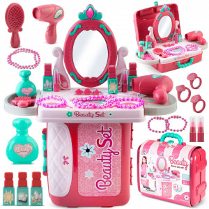 Masuta de toaleta din plastic, pentru copii, 2in1, tip valiza, cu accesorii machiaj, sertar, oglinzi plabile, Ricokids, 48 x 42 x 20,5 cm