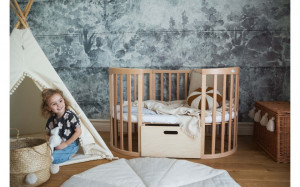 Patut Oval Evolutiv pentru Copii, Multifunctional, 7in1, Saltele Incluse, Transformabil, Masa de Schimbat, Co-Sleeping, Tarc de Joaca, Birou, Scaune, Waldin, Natural - Img 6