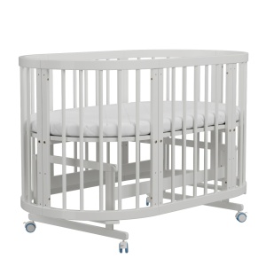 Patut pentru Copii, Rotund, Evolutiv, Craft 9 in 1, Alb, din Lemn de Pin Solid, cu Sistem de Leganare si Saltele