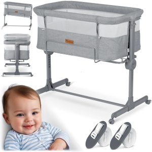 Patut suplimentar cosleeping pentru copii, cu pozitie anti-reflux, 80 x 47 cm, Nukido, NK-243, Grey, pliabil, roti blocabile, inaltime ajustabila, saltea, sistem de fixare, sarcina 9 kg - Img 1