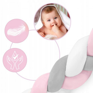 Protectie impletita pentru patut copii, 200 cm, Ricokids, Roz - Gri - Alb - Img 4