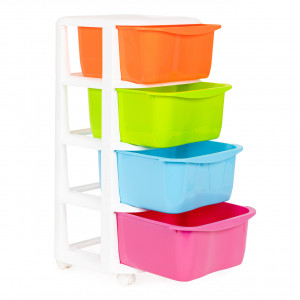 Raft mobil cu recipiente pentru depozitare, Modern Home, 4 sertare, din plastic, alb/multicolor - Img 1