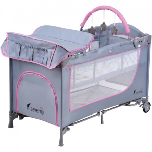 Resigilat - Patut pentru copii, pliabil cu etaj suplimentar, 120 x 60 cm, bara cu jucarii, masa de infasat, plasa de tantari, Severno, Comfort Plus, Grey Pink - Img 3