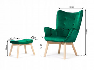 Set Fotoliu cu taburet in stil scandinav, perna moale, stofa, picioare din lemn de fag, Sofotel, Verde - Img 4