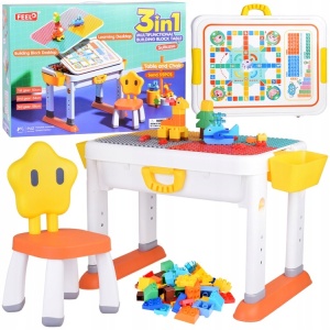 Set masa cu scaun pentru copii, 3in1, cu suprafata de construit, tabla de activitati, picioare reglabile, cuburi de constuit, Feel, ZA5160 - Img 1