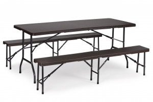 Set Masa de Gradina + 2 Banci, pentru 8 persoane, 179 cm x 74 cm, 180 cm x 25 cm, pliabile, textura rathan, Modern Home, Brown - Img 1