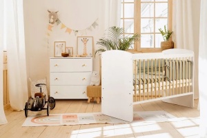 Set Patut copii din lemn KLUPS KAROLINA II Alb-Natur, cu Saltea MyKids, Cocos, 120 x 60 x 10 cm - Img 3