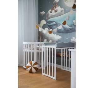 Set Patut Oval Evolutiv pentru Copii, Multifunctional, Waldin, 7in1, cu Sistem de Leganare, Saltele Incluse, Culoare Alba - Img 4