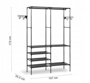 Suport cu picioare pentru haine si incaltaminte, Massido, usor, incapator si stabil, spatiu pentru incaltaminte, 1107 x 35,5 x 174 cm, MS-866, Negru - Img 3