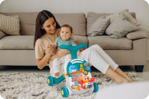 Antemergator interactiv cu 4 roti, transformabil in Masuta interactiva pentru activitati, cu panou de jucarii, sunete cu reglarea volumului, Ricokids 3in1 Albastru, 781000 - Img 4