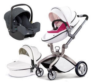 Carucior Copii Hot Mom Premium 3 in 1 Alb, varsta intre 0 si 3 ani, spuma ergonomica, landou, parte sport, Scoica auto Joie, i-Snug 2, Moonligt