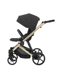 Carucior pentru copii, 2 in 1, Kunert, Arizo Premium, cadru auriu, Parasolar UV50, ventilatie, suport pahar, husa pentru picioare, rucsac din piele ecologica, spatar reglabil, sezut pivotant, husa ploaie, husa tantari, varsta intre 0 si 3 ani, Negru - Img 6