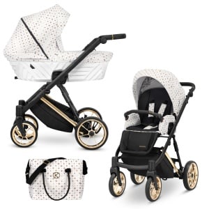 Carucior pentru copii, 2 in 1, Kunert, Ivento Premium, cadru auriu, ventilatie, suport pahar, husa pentru picioare, rucsac din piele ecologica, spatar reglabil, sezut pivotant, husa ploaie, husa tantari, White Style 01 - Img 1