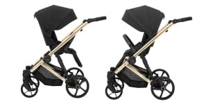 Carucior pentru copii, 3 in 1, Kunert, Arizo Premium, cadru auriu, Parasolar UV50, geanta, accesorii, varsta intre 0 si 3 ani, Negru + Scoica auto Kunert Cosmo + Adaptori - Img 5
