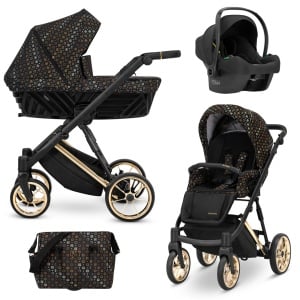 Carucior pentru copii, 3 in 1, Kunert, Ivento Premium, cadru auriu, rucsac din piele ecologica, accesorii, Black Style 01 + Scaun auto Cosmo + Adaptori - Img 1