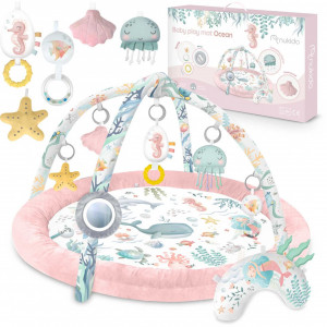Covoras educativ pentru copii, multifunctional, pereti babynest, 7 jucarii interactive, oglinda, Nukido, 97 x 78 cm, Ocean Pink - Img 4