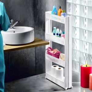 Dulap cu 4 rafturi stil biblioteca, pe roti, perfect pentru bucatarie sau baie, din plastic, 102 x 54 x 13 cm, Alb - Img 3