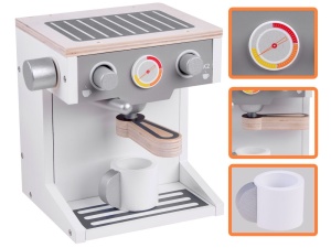 Jucarie pentru bucatarie, Aparat de cafea din lemn, electrocasnice mici, Jokomisiada, 18 x 17 x 14 cm, Alb / Gri, ZA4123 - Img 4