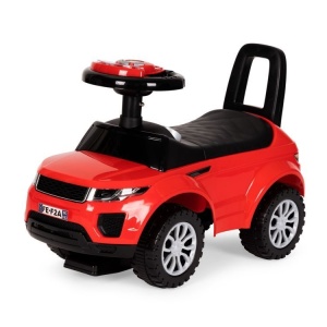 Masinuta Ride-On pentru copii, Land Rover, cu melodii si clanxon, spatar de protectie si volan multimedia, rosie