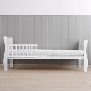 Patut pentru copii, din lemn masiv de Pin, 140 x 70 cm, protectii laterale incluse, Woodies Safe Dreams, Noble, Todler, Alb - Img 5