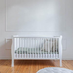 Patut Transformabil din Lemn Masiv de Pin, MDF, 140 x 70 cm, pentru copii si junior, vopsea certificata, 2 trepte de reglare inaltime, protectie theeter, 3 lamele detasabile, Woodies Safe Dreams, Noble, Alb - Img 7