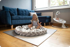 Protectie impletita pentru patut copii, 200 cm, Ricokids, Roz - Gri - Alb - Img 5