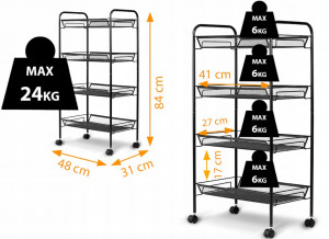 Raft de depozitare metalic mobil cu roti pivotante, 4 rafturi, Massido, 48 x 31 x 84 cm, pentru magazie, garaj, depozit, sala de sport, greutate maxima 24 kg, Negru - Img 4