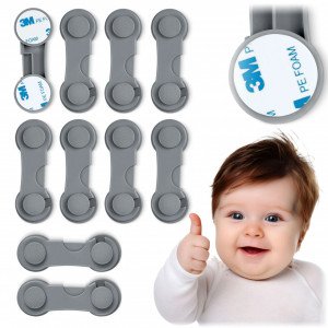 Set 10 Incuietori Pentru Dulapuri, Ricokids, protectie pentru copii, autoadezive, reglabile, Gri