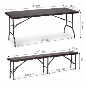 Set Masa de Gradina + 2 Banci, pentru 8 persoane, 179 cm x 74 cm, 180 cm x 25 cm, pliabile, textura rathan, Modern Home, Brown - Img 5