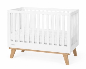 Set Patut din lemn Scandinav cu laterala culisanta, Craft, WBB001, Alb - Natur, cu Saltea MyKids 120 x 60 x 10 cm