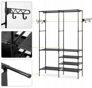Suport cu picioare pentru haine si incaltaminte, Massido, usor, incapator si stabil, spatiu pentru incaltaminte, 1107 x 35,5 x 174 cm, MS-866, Negru - Img 4
