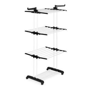 Uscator de rufe vertical, din otel, Modern Home, 171 x 50 x 73 cm, 6 brate pliabile, 2 brate pentru umerase, 4 roti, Alb/Negru - Img 1