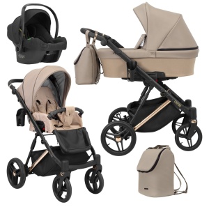 Carucior pentru copii, 3 in 1, Kunert, Lazzio, Premium, Cooper Frame, cu geanta, accesorii, Cappuccino + Scaun auto Cosmo Black + Adaptori - Img 1