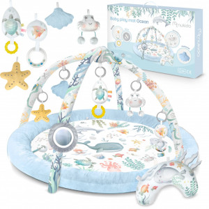 Covoras educativ pentru copii, multifunctional, pereti babynest, 7 jucarii interactive, oglinda, Nukido, 97 x 78 cm, Ocean Blue - Img 3