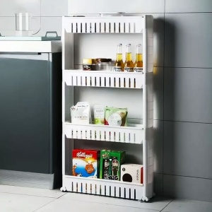 Dulap cu 4 rafturi stil biblioteca, pe roti, perfect pentru bucatarie sau baie, din plastic, 102 x 54 x 13 cm, Alb - Img 4