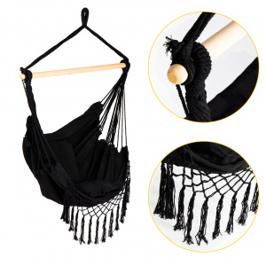 Hamac Brazilian De Gradina Tip Scaun, 122 x 80 cm, Cu 2 Perne, stil Boho, cu Franjuri, Sarcina Max 120 kg, Pentru Casa si Gradina, Modern Home, Negru - Img 6